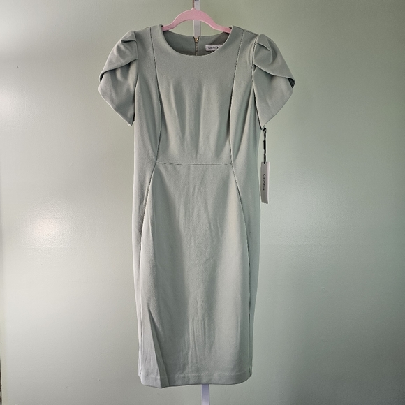 Calvin Klein Crew Neck Short Tulip Sleeve Solid Sheath Stretch Dress Sage Green - Picture 2 of 12